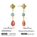 Elegant gold stainless steel dangle earrings featuring vibrant multi-colored zircon stones - Three-color Irregular Shaped Zirconia Tassel Style (JDE0304312)