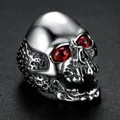 Vintage stainless steel skull ring with red crystal eyes in silver finish - Steel Color with Ruby (05405)