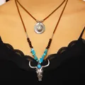 Vintage Boho Western Türkis Halskette Set mit Kuhschädel und Hut Anhängern für Damen - Stierkopf Böhmisches Lagen-Halsketten-Set (G-132) / 2er Set / Antiksilber