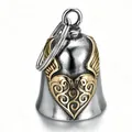 Vintage stainless steel motorcycle guardian bell with gold heart and wings pendant. - Two-Tone Gold + Key Ring