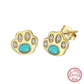 Elegant S925 sterling silver cat paw stud earrings featuring blue opal and clear cz - Gold Paw Studs SE402-14K / Gold
