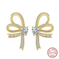 Elegant S925 sterling silver bow earrings with heart-shaped crystal studs - Gold Heart Bow Earrings SE407-14K / Gold