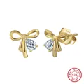 Gold-plated S925 sterling silver bow-knot stud earrings with teardrop cubic zirconia - Gold Teardrop Bow Studs SE409-14K / Gold