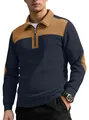 Men's stylish half-zip ribbed color block sweatshirt in navy blue and tan colorway - S / Navy Blue