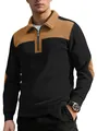 Men's stylish half-zip sweatshirt with ribbed texture and brown color-block panels - S / Black