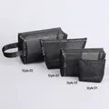 Professional black nylon mesh cosmetic bag set showing multiple sizes and dimensions - Mesh Bag 4-Piece Set (01+02+03+05)