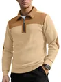 Stylish men's half-zip color-block fleece ribbed sweatshirt in beige and brown shades - S / Khaki