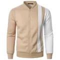 Men's stylish zip-up stand collar color-block sweatshirt in khaki and white blocks - S / Khaki