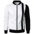 Stylish men's white and black color-block zip-up sweatshirt with a stand collar. - S / Black and White Patchwork