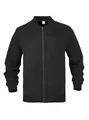 Detailed front view of a black suede knit bomber jacket with stand collar - S / Black