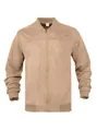 Front view of a men's tan suede bomber jacket with a stand collar and zip closure. - S / Brown