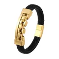 Bracciale hip-hop da uomo in pelle nera intrecciata con chiusura a catena dorata - Oro