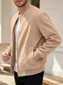Men's slim-fit suede bomber jacket in light khaki with ribbed standing collar and zip - S / Brown