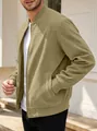 Men's slim fit suede bomber jacket in khaki featuring a stand collar and front zipper - S / Army Green