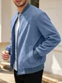 Premium blue suede-like slim fit bomber jacket for men featuring stand-up collar and zipper - S / Navy Blue