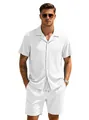 Men's stylish white vertical striped short sleeve button down shirt and shorts set - S / White + White