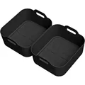 Pair of square black silicone air fryer liners with handles and oil drainage texture - Dual Basket Black