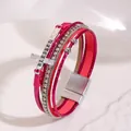 Detail of fuchsia multilayer leather bracelet with 'BLESSED' engraved silver cross - Rose Red