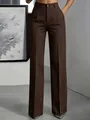 Elegant women's brown high-waisted pinstriped wide-leg trousers for office wear - Coffee