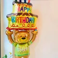 Grand ballon en aluminium en forme d'ours tenant un gâteau d'anniversaire décoratif - Ours avec gâteau