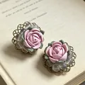 Exquisite vintage pink rose stud earrings with bronze filigree and translucent beads - Pink Rose 3D Stud Earrings (2606003)