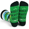 Green cotton socks featuring 'World's Okayest Golfer' text and golf graphics - One Size / Play Golf