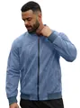 High-quality detail view of blue suede bomber jacket for men with ribbed cuffs - S / Navy Blue