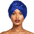 Royal blue imitation silk double-layer sleeping cap featuring a twisted turban design - One Size 50-60cm / Sapphire Blue