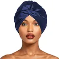 Navy blue satin sleep turban cap for women with adjustable twist knot headwear design - One Size 50-60cm / Navy Blue