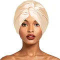 Elegant champagne gold double-layer imitation silk sleep cap with cross-twist design - One Size 50-60cm / Beige