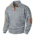 Detailed view of grey heather knit sweater with premium brown suede elbow patches - Light Gray