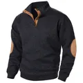 Men's dark grey quarter-button sweatshirt featuring stand collar and elbow patches - Black