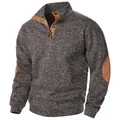 Close-up of premium men's stand collar knitted pullover with brown elbow patches - Coffee