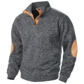 Detailed view of men's mock neck jacquard sweater with stylish brown elbow patches - Dark Grey
