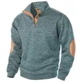 Classic men's mock neck heathered blue knit pullover with decorative brown elbow patches - Denim Blue