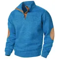 Casual blue knit sweatshirt for men featuring a stand collar and tan suede elbow patches - Blue