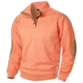 Detailed view of men's orange knit sweatshirt with buttoned collar and brown elbow patches - Orange