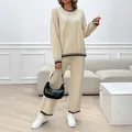 Women's casual beige two-piece knitted loungewear set with elegant striped ribbed trim - S / Apricot