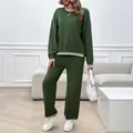 Women's two-piece casual knit set in dark green featuring white striped trim detail - S / Army Green