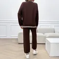Women's chocolate brown two-piece knit leisure set with striped ribbed detailing - S / Brown