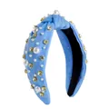 Elegant light blue fabric knotted headband decorated with white pearls and shiny rhinestones - Royal Blue With White Pearls
