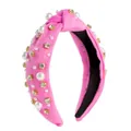 Baroque style pink fabric knotted headband decorated with white pearls and clear rhinestones - Dark Pink With White Pearls