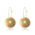 Elegant stainless steel hoop earrings featuring gold sunburst and turquoise stone beads - Shell Earrings / Gold with Turquoise