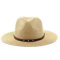Sombrero de paja Panamá de verano para hombre con banda de cuero y tachuelas azules - M(56-58cm) / Caqui