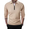 Detailed view of the waffle knit fabric and half-zip collar on men's khaki polo - Khaki