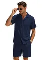 Ensemble chemise à manches courtes et short bleu marine côtelé pour homme en été - S / Bleu marine
