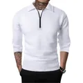 Polo da uomo in maglia a nido d'ape a maniche lunghe con mezza zip bianca - S / Bianco
