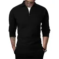 Dettaglio di un pullover da uomo nero in maglia a nido d'ape con mezza zip e colletto - S / Nero
