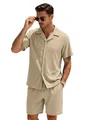 Ensemble chemise à manches courtes et short en maille côtelée beige kaki pour homme - S / Kaki