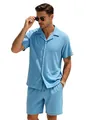 Men's summer light blue ribbed texture short sleeve button-down shirt and shorts two-piece set - Light Blue